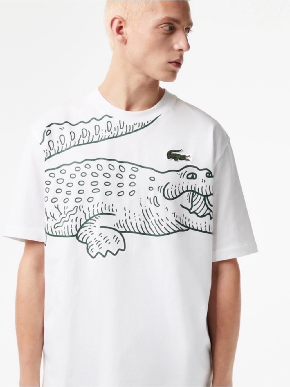 Lacoste Shirt Mens Big Alligator Graphic Tee White Loose Fit Short Sleeve